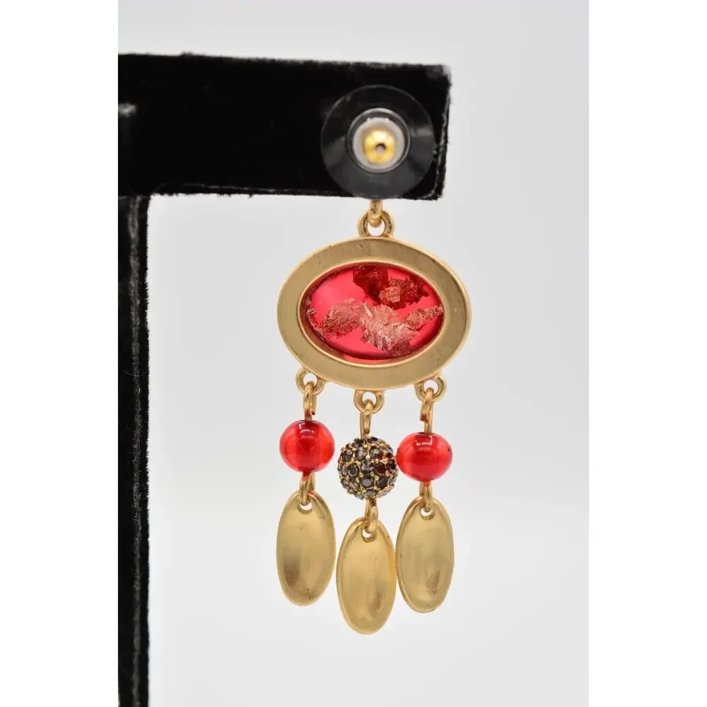 Statement Cabochon Dangle Earrings Red Lucite Brushed Gold Black Rhinestone 9L